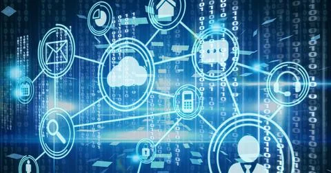 Network of digital icons against binary coding data processing on blue Stock Photos