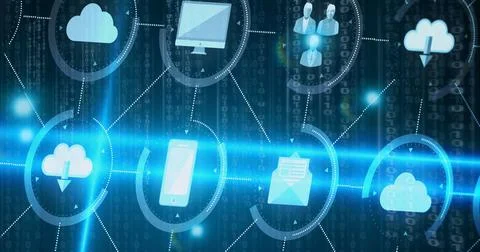 Network of digital icons against binary coding data processing on blue Stock Photos