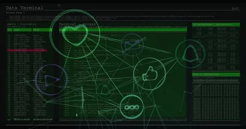 Network of digital icons against computer data processing against black Stockfoto's