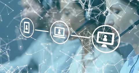 Network of digital icons against customer care executives wearing headset Stock Footage 139538861