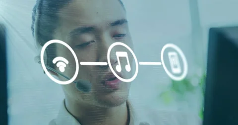 Network of digital icons against customer care executive wearing headset Stock Footage 139538998