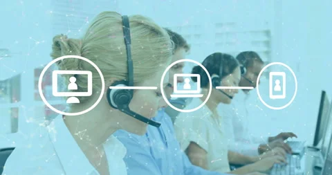 Network of digital icons against customer care executives wearing headset Stock Footage 139539281