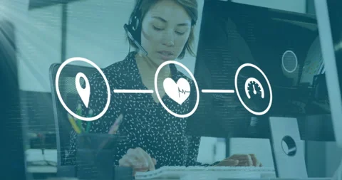Network of digital icons against customer care executive wearing headset Stock Footage 139539343