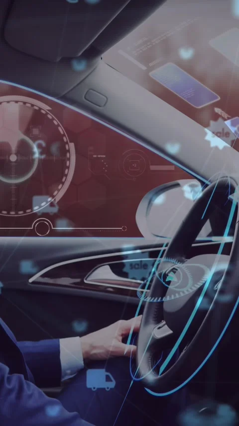 Network of digital icons against man driving futuristic self driving car Stock Footage 331719805