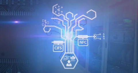 Network of digital icons against microprocessor connections and computer server 库存影片 196932341