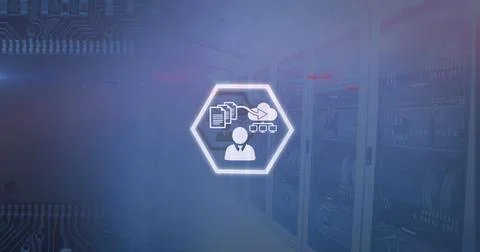 Network of digital icons against microprocessor connections and computer server Foto stock