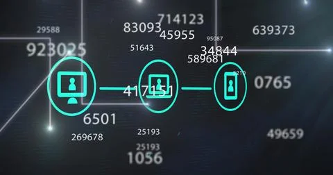 Network of digital icons against multiple changing numbers against light trails Illustrazione stock