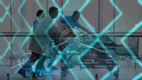 Network of digital icons against team of health workers rushing a patient in Stock Footage 330399558