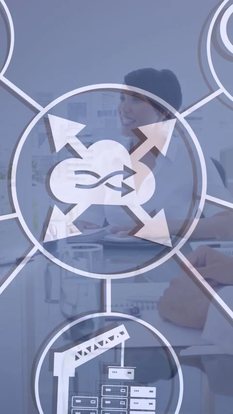 Network of digital icons against team of businesspeople discussing together in a Stock Footage 343779058