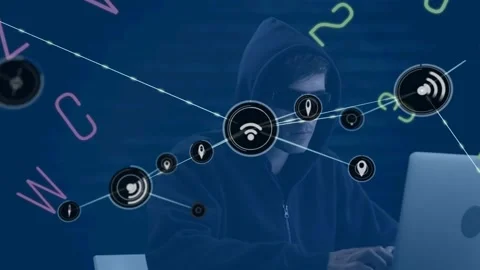 Network of digital icons and changing alphabets and numbers against male hacker Stock Footage 162080184