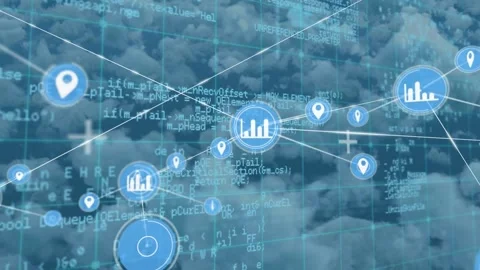 Network of digital icons and data processing against clouds in blue sky Stock Footage 329568272