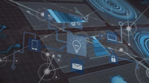 Network of digital icons and network of digital icons against cell and blood Stock Footage 330341868