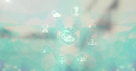 Network of digital icons and plexus networks against green gradient background Stock Photos
