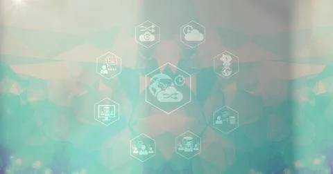 Network of digital icons and plexus networks against green gradient background Stock Photos