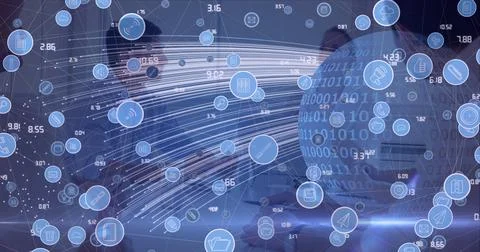 Network of digital icons over binary coding on globe against businesspeople 스톡 일러스트