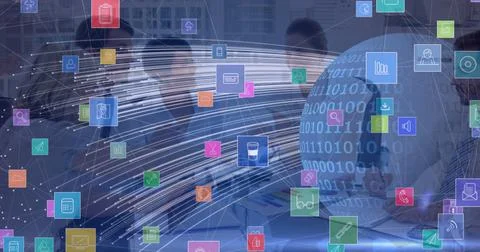 Network of digital icons over binary coding over globe against businesspeople イラスト素材