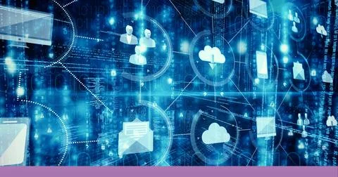 Network of digital icons over data processing against blue background Stockillustratie