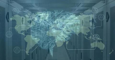 Network of digital icons over human brain and world map against empty server 스톡 일러스트