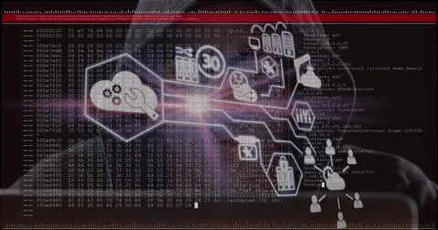 Network of digital icons over screen with data processing against male hacker 스톡 사진