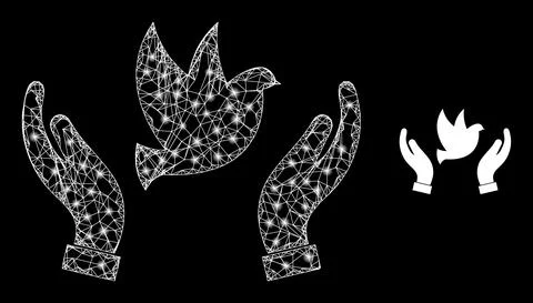 Network Dove Care Hands Mesh Icon with Constellation Lightspots Stock Illustration