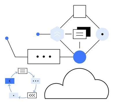 Network elements and geometric shapes connected by lines, depicting data flow Stock Illustration