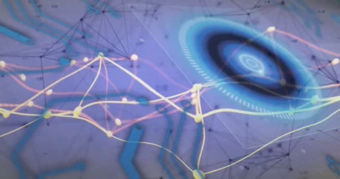 Network emerging over circuit, blue HUD rotating, nodes shifting, lines Stock Footage 317593473