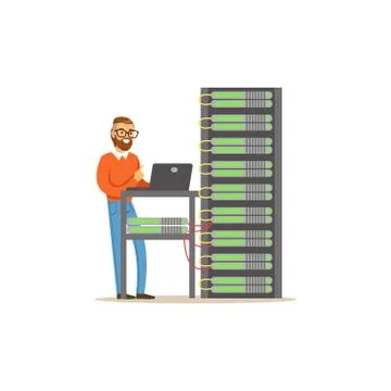 Network engineer administrator working in data center using laptop to analyze Stock Illustration