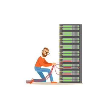 Network engineer administrator working in data center, server rack networking Stock Illustration
