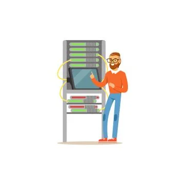 Network engineer administrator working in data center using tablet connected to Stock Illustration
