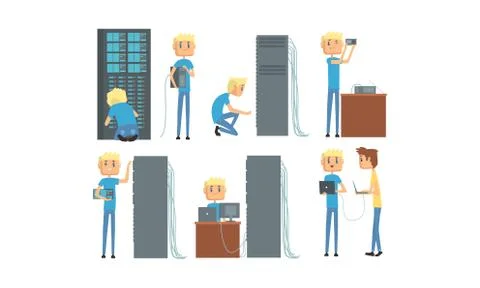 Network Engineer Administrator Working in Data Center Set, Computer Technician Stock Illustration
