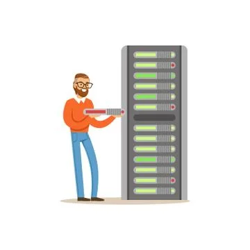 Network engineer administrator working with hardware equipment of data center Stock Illustration