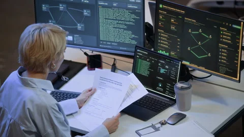 Network Engineer Analyzing Documents and Monitoring Data on Computers in Office 動画素材 334930774