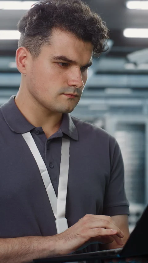 Network Engineer Configuring Server Racks with Laptop in Data Center Stock Footage 344879747