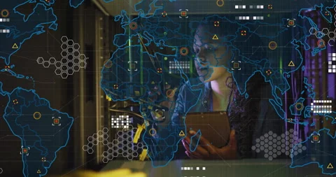 Network engineer configuring yellow cables using tablet while neon map expanding Stock Footage 312726034