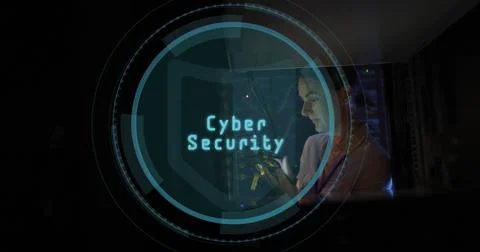 Network engineer connecting cables in data center, with cybersecurity overlay, Stock Photos