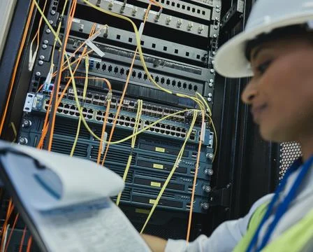Network engineer, document and server room for internet infrastructure and Stock Photos