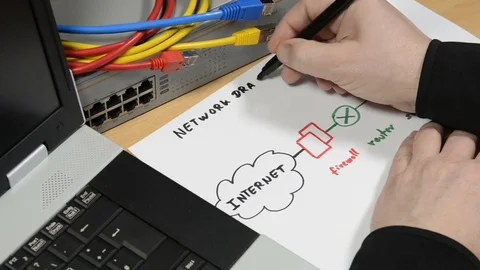 Network engineer drawing a network draft Stock Footage 73740224