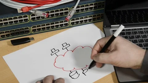 Network engineer drawing a plan which shows Cloud Computing Video stock 73552241