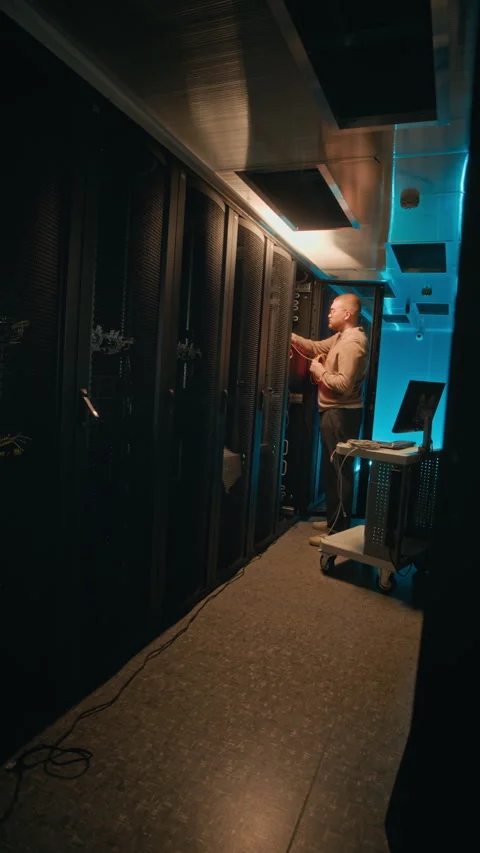 Network Engineer Fixing Cables in Panel in Server Room Stockbeeldmateriaal 311312092