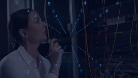 Network engineer holding cable, tracing holographic streams on patch panel, Vídeos de archivo 309894215