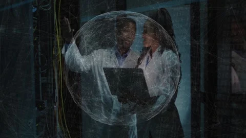 Network engineer pointing cables and IT tech tapping laptop, sparking 3D data Stock Footage 313308172