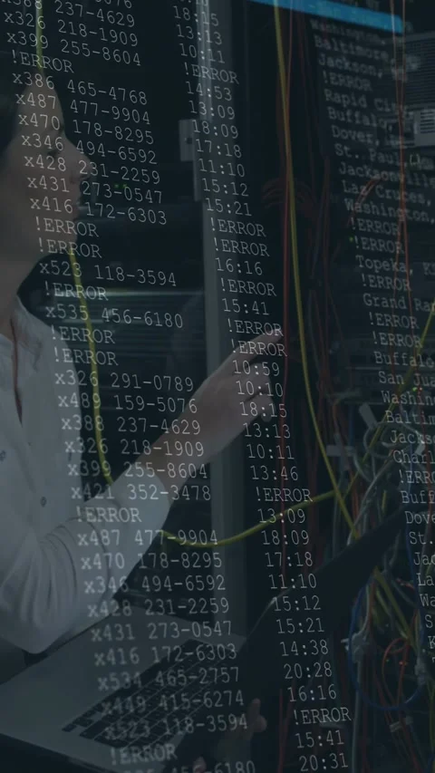 Network engineer reacting to log overlay and tracing cables in rack while Stock Footage 333006164