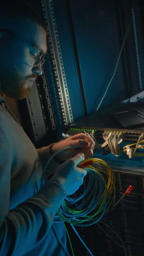 Network Engineer Repairing Cables in Server Room Stockbeeldmateriaal 311305244