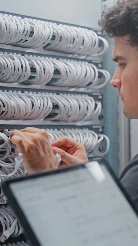 Network Engineer Repatching RJ45 Connections Under Live Telemetry Supervision Stock Footage 344955789