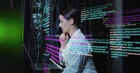 Network engineer scanning server rack activating code overlays and adjusting Stock Footage 312845300