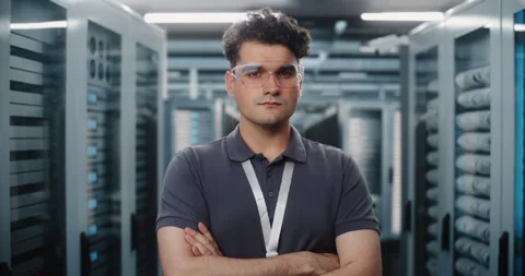 Network Engineer Standing in Data Center Server Rack Corridor Stock Footage 344880355