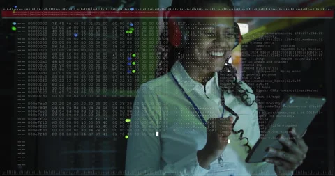 Network engineer tapping tablet and initiating hex code overlay for real-time 스톡 동영상 310971577