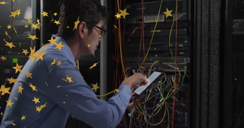 Network engineer tapping tablet, running diagnostics to check network health Stock Footage 310658615