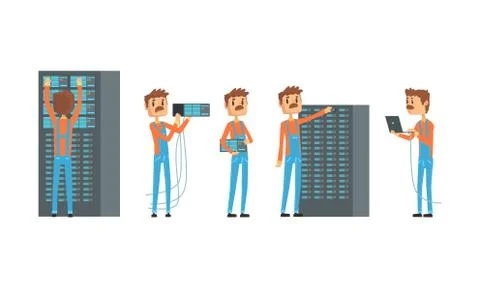 Network Engineer Working in Data Center Set, Computer Technician or System Stock Illustration