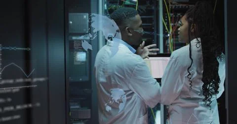 Network engineers in lab coats discussing and analyzing 3D data overlays in data Stock Photos